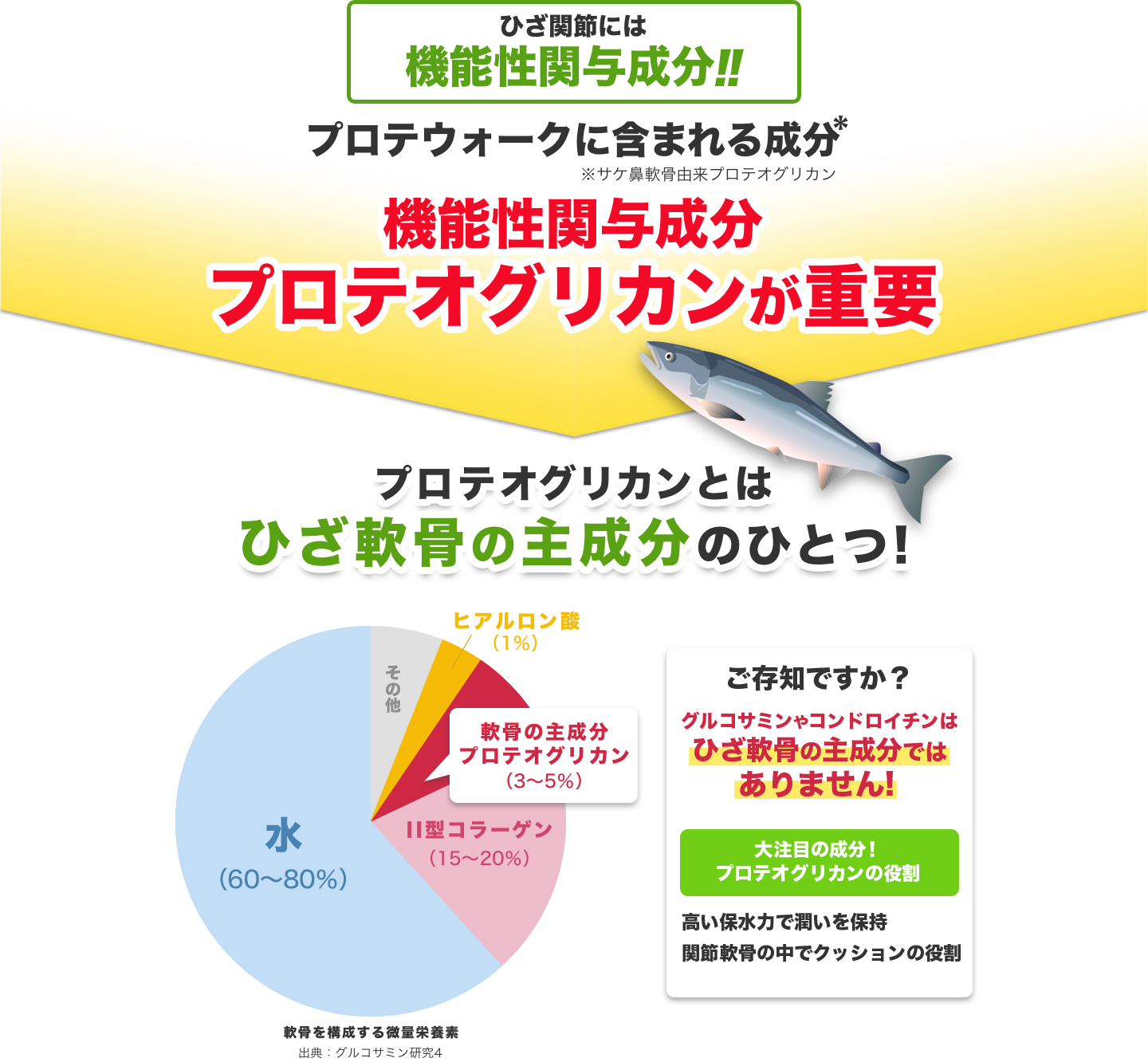 機能性表示食品プロテウォークに含まれる成分、プロテオグリカンが重要※サケ鼻軟骨由来プロテオグリカン。プロテオグリカンとはひざ軟骨の主成分のひとつ。グルコサミンやコンドロイチンはひざ軟骨の成分ではありません！プロテオグリカンの役割は高い保湿力で潤いを保持、関節軟骨の中でクッションの役割