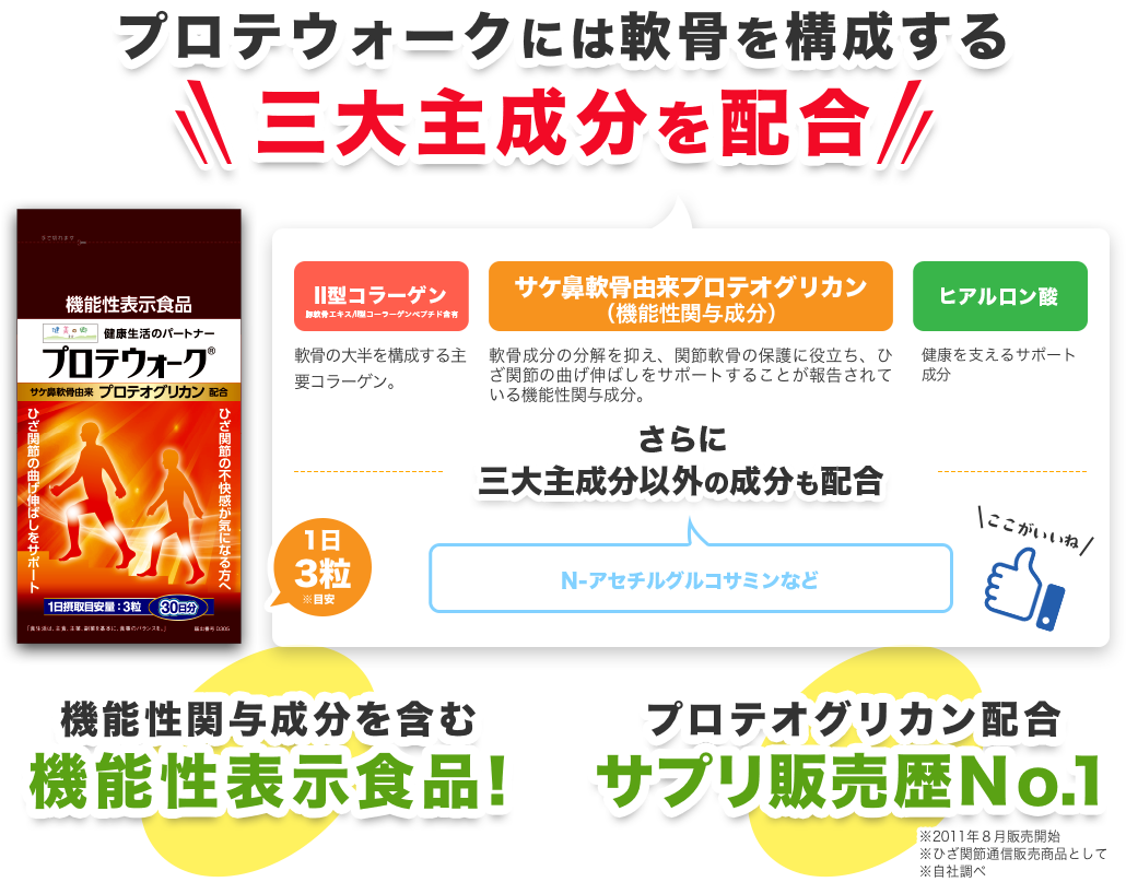 プロテウォークには軟骨を構成する3大主成分を配合。II型コラーゲン、サケ軟骨由来プロテオグリカン、ヒアルロン酸。さらに三大主成分以外のコンドロイチン、グルコサミンも配合！