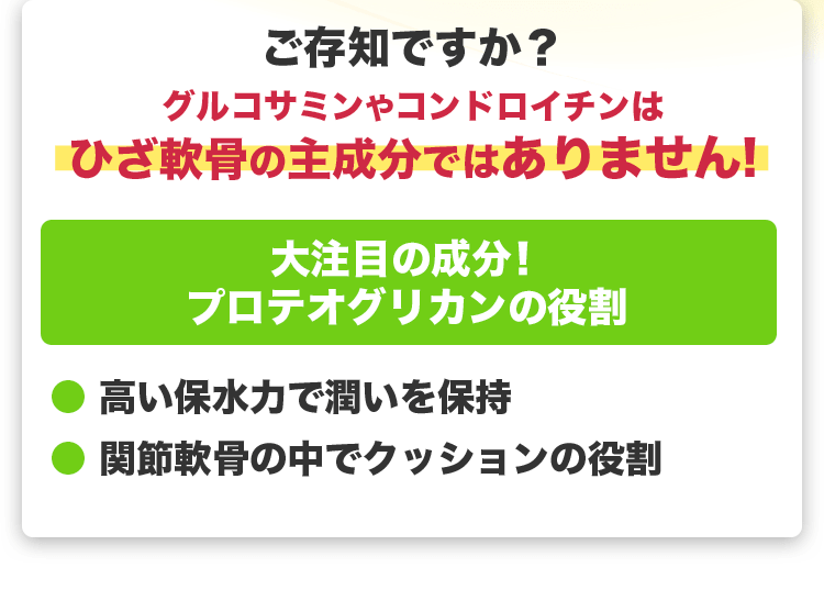 グルコサミンやコンドロイチンはひざ軟骨の成分ではありません！プロテオグリカンの役割は高い保湿力で潤いを保持、関節軟骨の中でクッションの役割