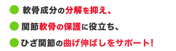 健康なひざにはプロテオグリカンが不可欠！プロテオグリカンにはこんな力があります。①ひざ成分の分解を制御！②関節軟骨の保護に役立つ！③ひざ関節の曲げ伸ばしをサポート！