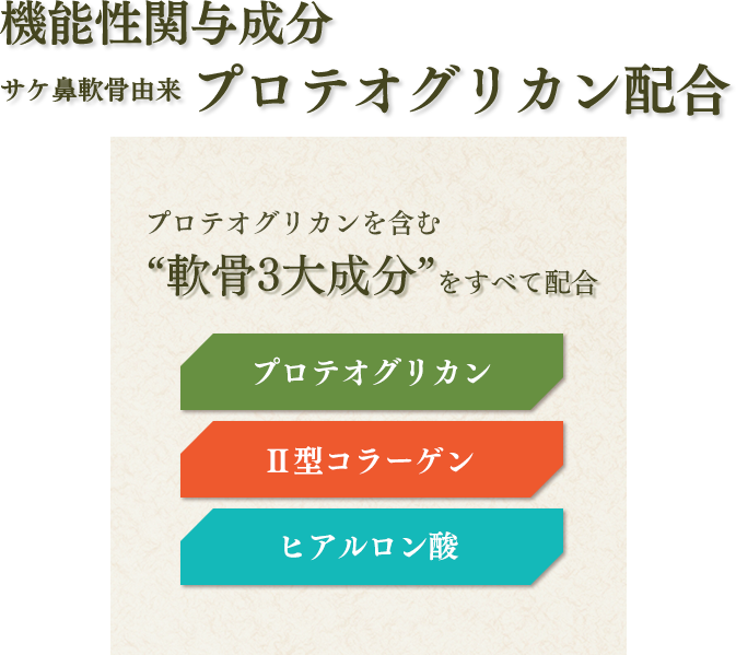 機能性関与成分サケ鼻軟骨由来 プロテオグリカン配合 プロテオグリカンを含む“軟骨3大成分”をすべて配合 プロテオグリカン Ⅱ型コラーゲン ヒアルロン酸